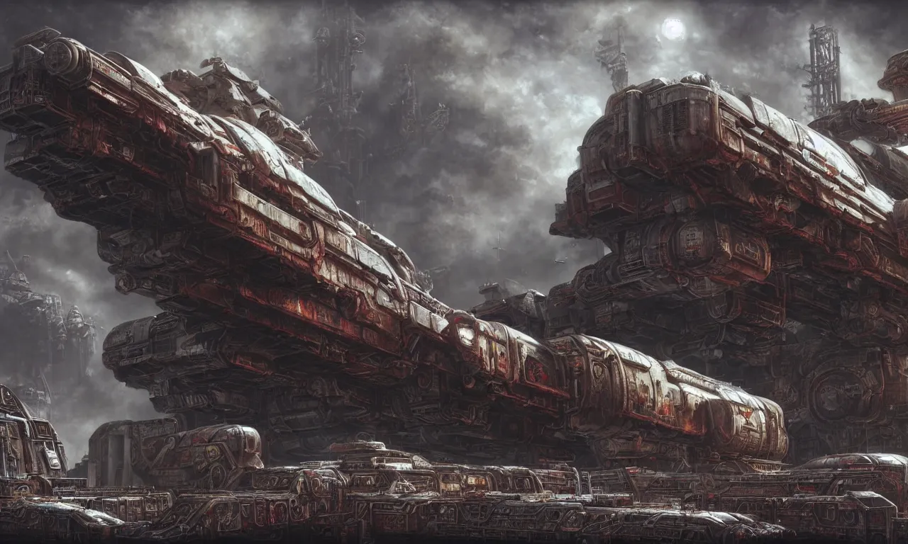 Image similar to a beautiful highly detailed matte painting of a huge derelict cargo starship, Space Hulk, WarHammer 40k by Jose Daniel Cabrera Pena and Leonid Kozienko, concept art