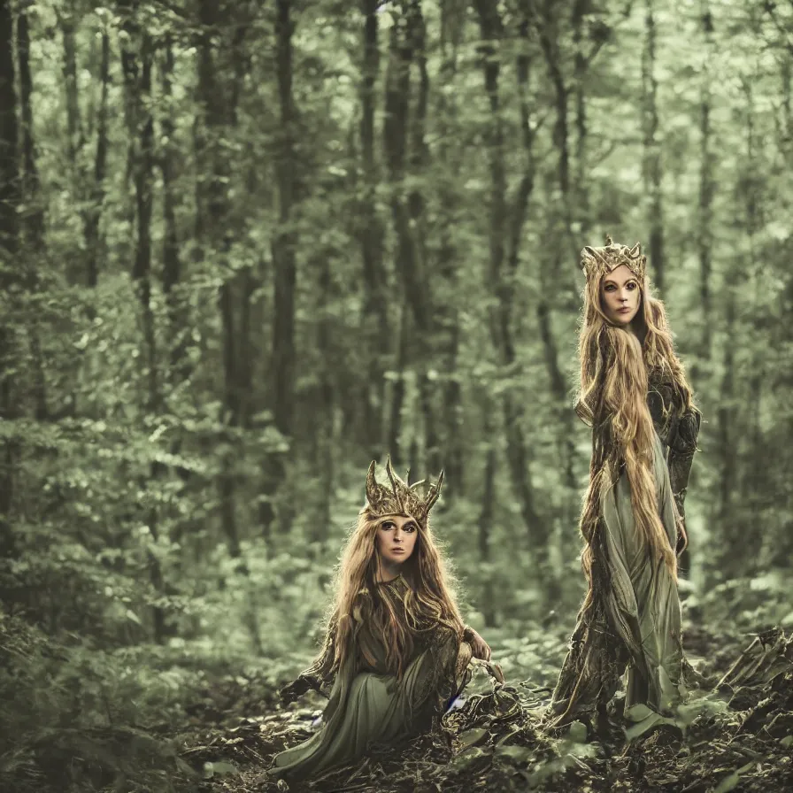 Image similar to A photo of a beautiful and dangerous Elven Queen in her forest; natural light; f/1.4; 90mm