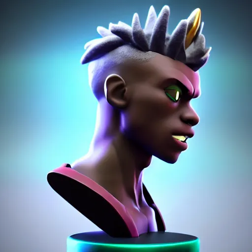Image similar to Photo of Ekko from League of Legends, profile pose, bust shot, high detail, studio, fantasy, octane 3D, ominous background, sharp telephoto lens, in the style of Pixar