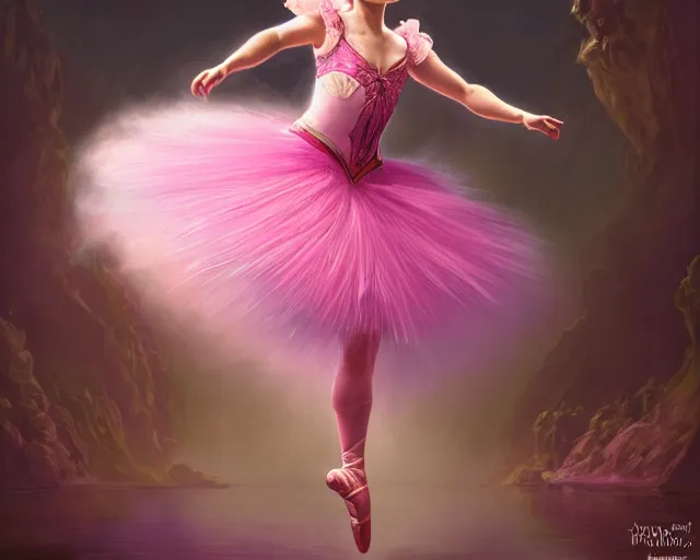 Image similar to photography of jack black dancing in a pink ballerina outfit, full body shot, deep focus, d & d and mtg, fantasy, intricate, elegant, highly detailed, digital painting, artstation, concept art, matte, sharp focus, illustration, hearthstone, art by artgerm and greg rutkowski and alphonse mucha