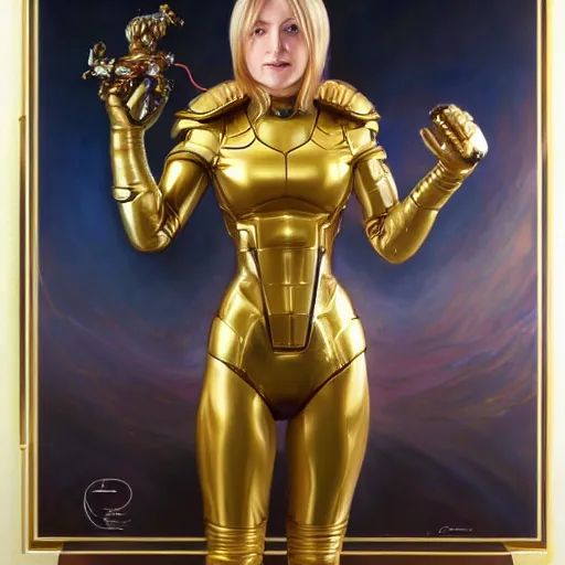 Image similar to Portrait of Samus Aran with golden armor drawn by Donato Giancola and Tom Bagshaw, face by Artgerm, overall design by Alphonse Mucha, background by James Jean and Gustav Klimt, light by Julie Bell, 4k, porcelain skin, komorebi, french nouveau, trending on artstation, octane render, hyperrealistic