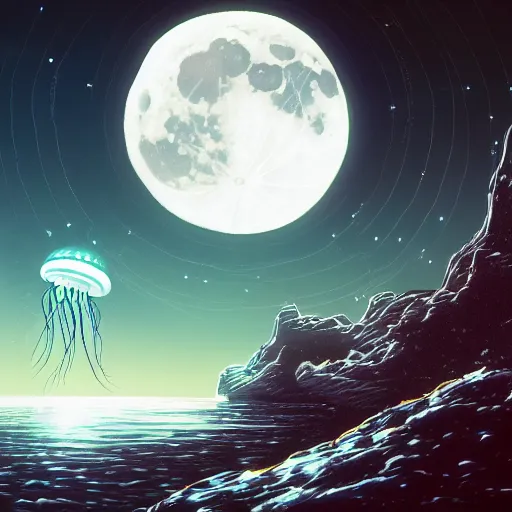 Image similar to a cybernetic jellyfish enveloping the moon, highly detailed, cinematic, stars in the background