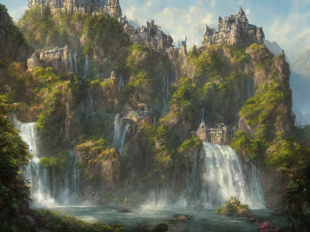 Image similar to a painting of a castle with a waterfall in front of it, a detailed matte painting by tyler edlin, featured on cgsociety, arts and crafts movement, artstation hq, unreal engine 5