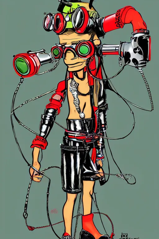 Image similar to cybergoth guy wearing goggles and eccentric jewelry by jamie hewlett, jamie hewlett art, full body character concept art,