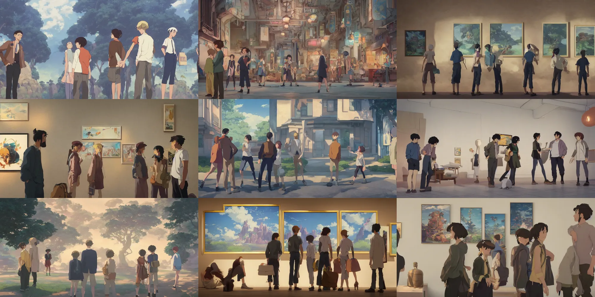 Prompt: a wholesome animation key shot of four artists gathered to look at one painting on a beautiful art deco gallery wall, medium shot, waist up, studio ghibli, pixar and disney animation, sharp, rendered in unreal engine 5, anime key art by greg rutkowski, bloom, dramatic lighting