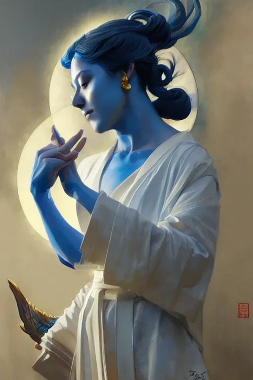 Image similar to temple, taoism, blue tint, painting by greg rutkowski, j. c. leyendecker, artgerm