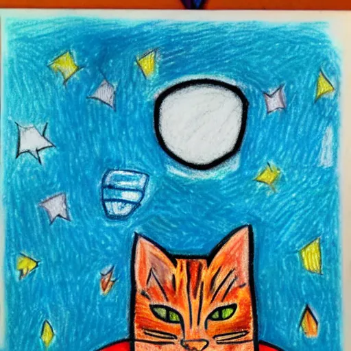 Image similar to An oil pastel drawing of an annoyed cat in a spaceship