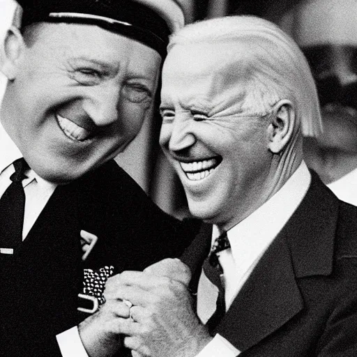 Prompt: “ very photorealistic photo of hitler and joe biden laughing together, award - winning details ”