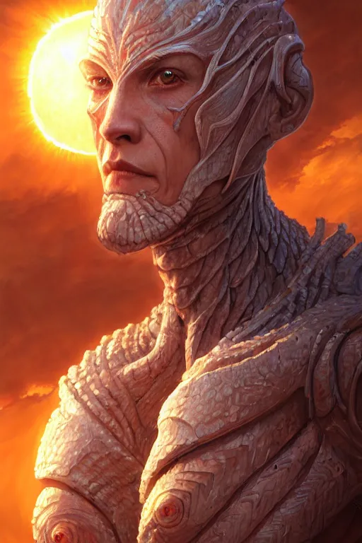 Image similar to humanoid god of the sun, highly detailed, d & d, fantasy, hyper detailed, digital painting, trending on artstation, apollo, concept art, sharp focus, illustration, art by artgerm and magali villeneuve and greg rutkowski and michael whelan, cryengine, 8 k realistic atmospheric lighting, frostbite 3 engine