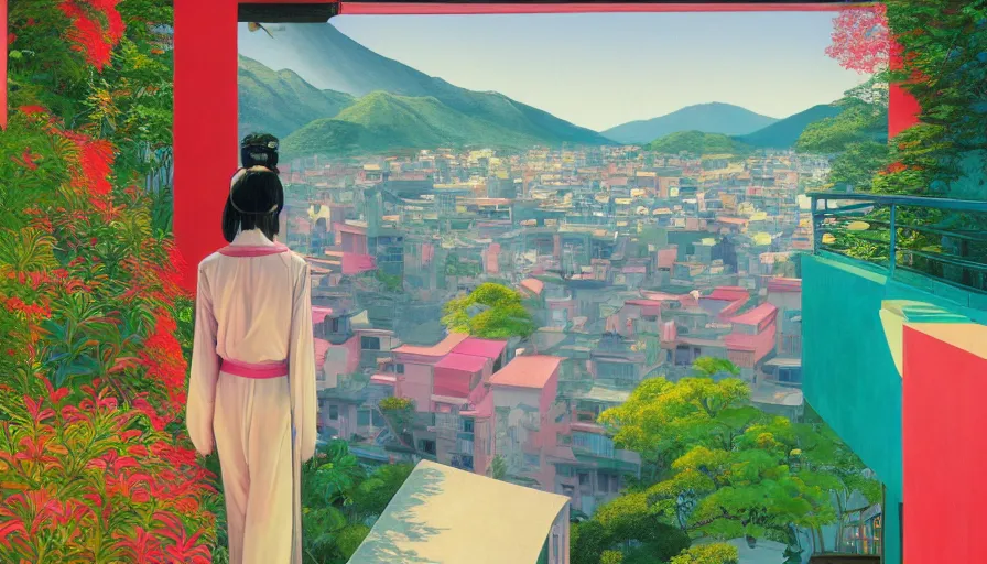 Prompt: a vibrant dream hallucination of a beautiful girl wearing gucci from behind on a balcony looking out over kyoto japan, lush plants, glowing lanterns, high fashion, by moebius, edward hopper and james gilleard, zdzislaw beksinski, james jean, steven outram hd, 8 k, trending on artstation, uhd,