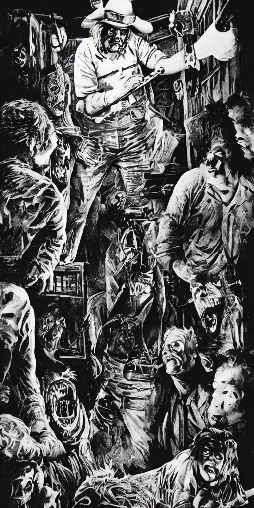 Prompt: vintage texas chainsaw massacre movie poster with leatherface looking out of a window at a group of people standing around a van, cinematic lighting, hyper detailed