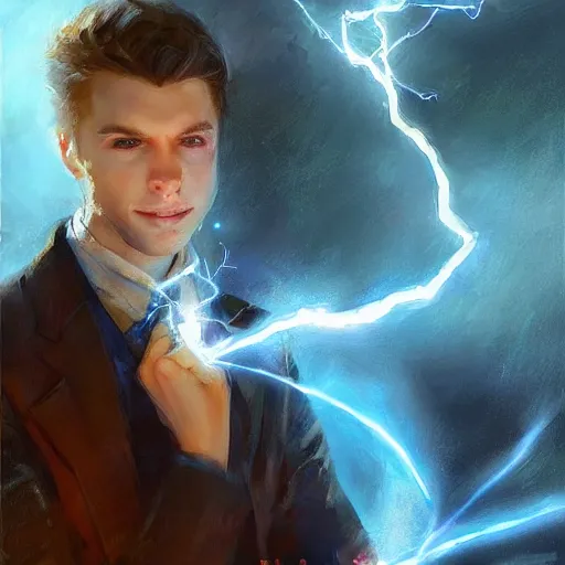 Prompt: a handsome young man with glowing blue eyes sparkling with blue lightning in emotional turmoil. sparks. electricity. digital art. fantasy. matte painting sharp focus. highly detailed. uhd. by michael garmash. krenz cushart tianhua xu