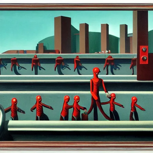 Image similar to drab human slaves on a conveyor belt, giant steel teeth, guarded by fascist robot overlords, brutalist facility, dystopian, pj crook, edward hopper, oil on canvas