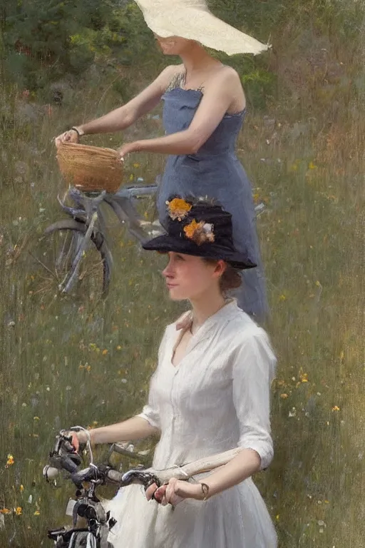 Prompt: “ woman on bicycle, summerdress, hat, jeremy lipking, joseph todorovitch ”