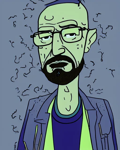 Image similar to portrait of walter white in the style of justin roiland. heisenberg from breaking bad. cinematic lighting. style of rick & morty. photographic, photography. by justin roiland