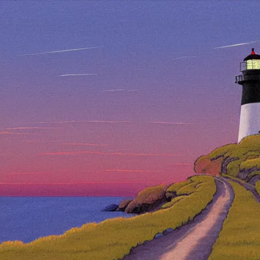 Prompt: A road leading to the lighthouse,dusk, by Ghibli