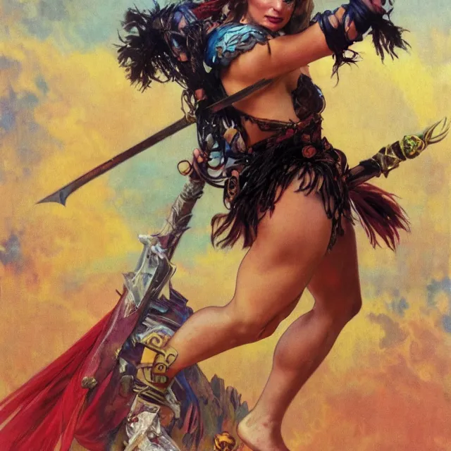 Image similar to an aesthetic!, detailed portrait of margot robbie dressed as a barbarian for marvel studios, action movie still, by frank frazetta and alphonse mucha, oil on canvas, bright colors, art nouveau, epic composition, dungeons & dragons, fantasy art, hd, god rays, ray tracing, crisp contour lines, huhd - 8 k