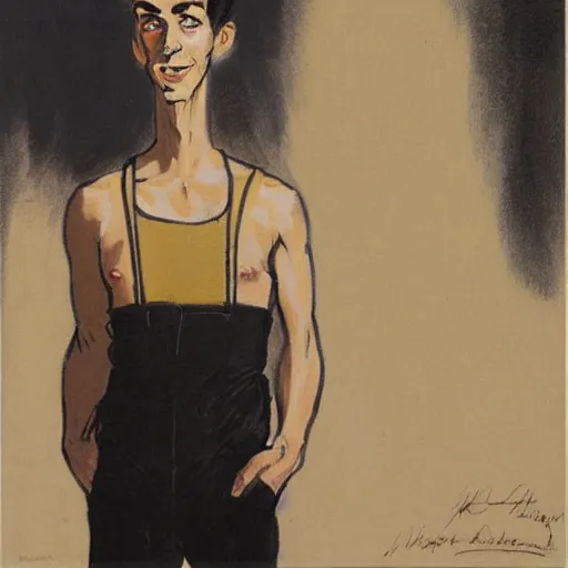 Prompt: art of a portrait by marc davis, a man in his thirties, mix between french, turkish and russian, short black hair with bangs, very tall and slender, wearing a retro - futuristic beige and black utilitarian jumpsuit.