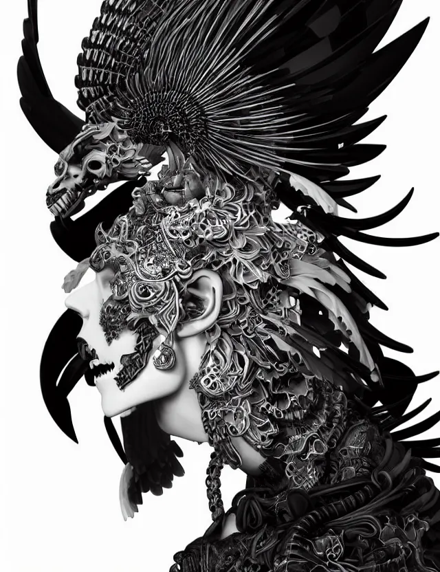 Image similar to 3 d goddess close - up profile simple portrait punk skull with mohawk with ram skull. beautiful intricately detailed japanese crow kitsune mask and clasical japanese kimono. betta fish, jellyfish phoenix, bio luminescent, plasma, ice, water, wind, creature, artwork by tooth wu and wlop and beeple and greg rutkowski