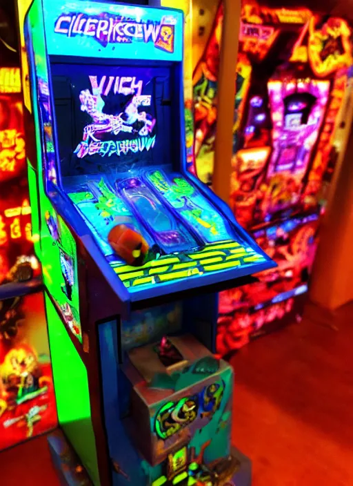 Image similar to cyberpunk claw toy prize machine, sign that says glitch, in an arcade