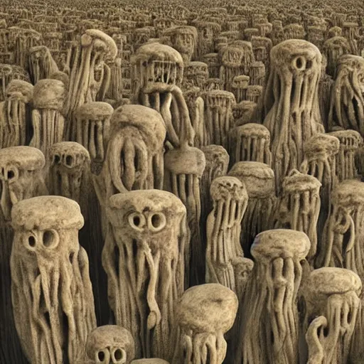 Image similar to a wide shot of a vast landscape full of huge pillars extending upwards forever and made of huge human faces with growths that are human upper bodies thrashing in horror very cinematic grotesque body horror exaggerated proportions surrealist style exquisite award winning detail