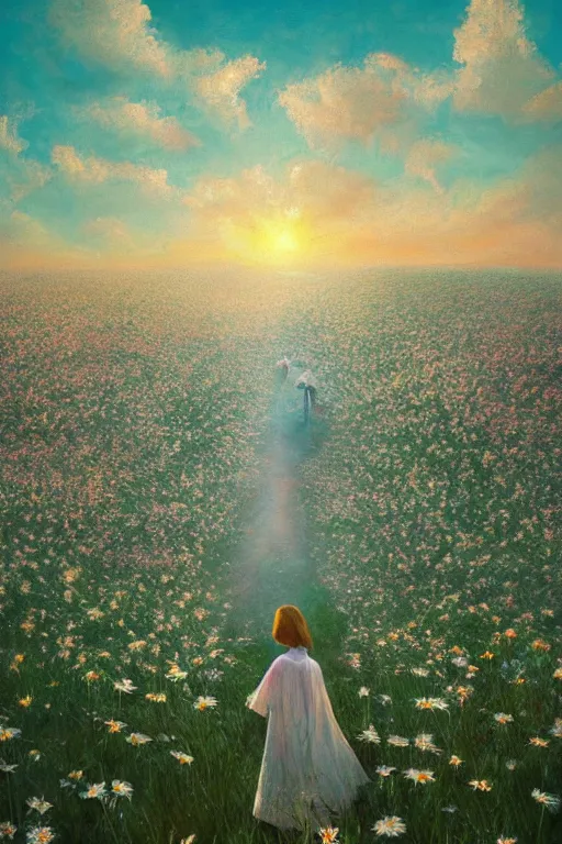 Image similar to white daisy flowers as head veil, girl walking in a flower field, surreal photography, sunrise, dramatic light, impressionist painting, colorful clouds, digital painting, artstation, simon stalenhag