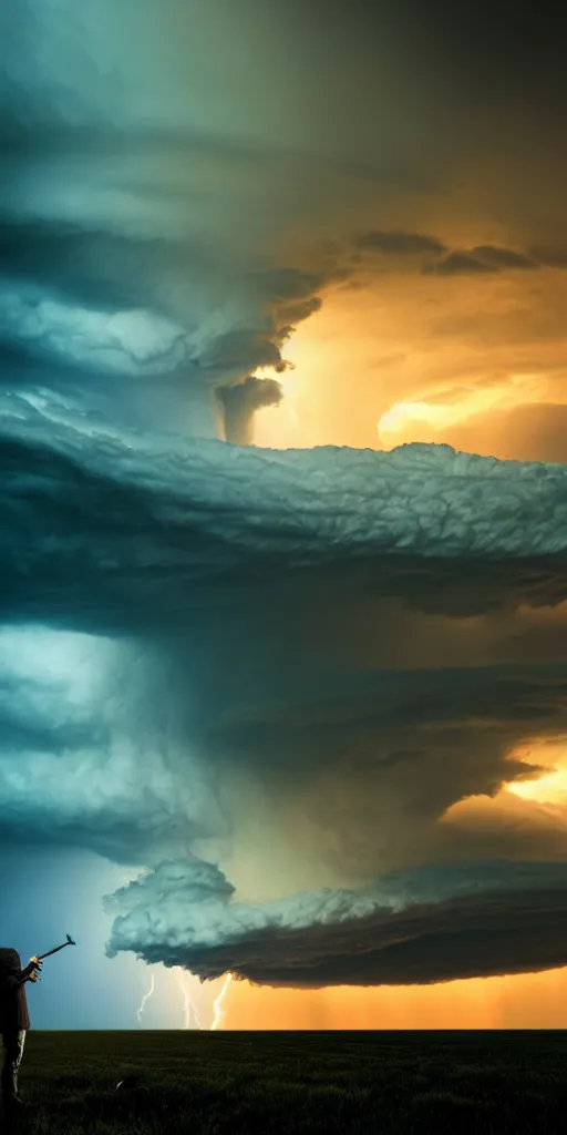 Image similar to a man resting smoking a joint at the end of the world, a supercell storm dark and brooding far away in the distance, open farming fields the foreground during sunset, by stephen king, storm of all storms, end of the world, nature, cinematic, hyperrealistic, evil, dark, cgsociety, 8 k