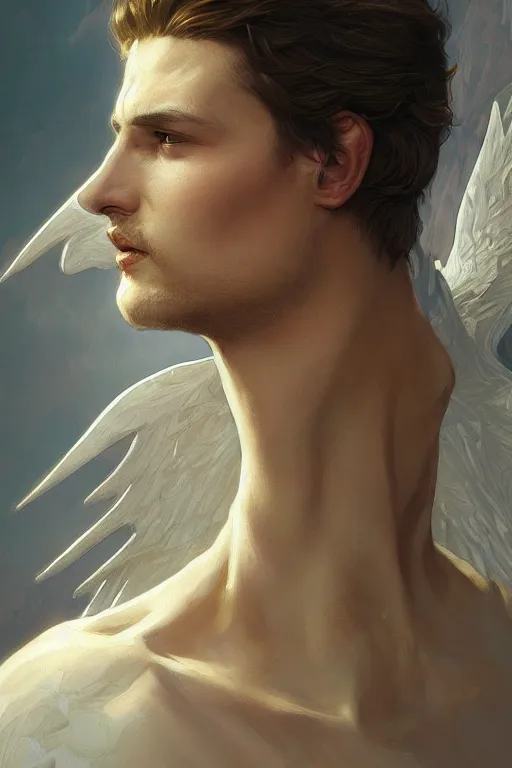 Image similar to up close portrait of a male angel, d & d, face, fantasy, intricate, elegant, highly detailed, digital painting, artstation, concept art, smooth, sharp focus, illustration, art by artgerm and greg rutkowski and alphonse mucha