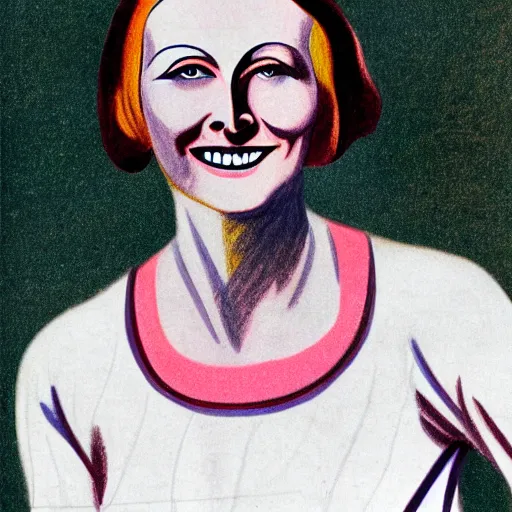 Image similar to a 1 9 2 8 color drawing portrait. calm, happy, healthy, smiling, sporty, young, glowing greta garbo in athletic wear with big smile and healthy teeth. realistic, high quality.