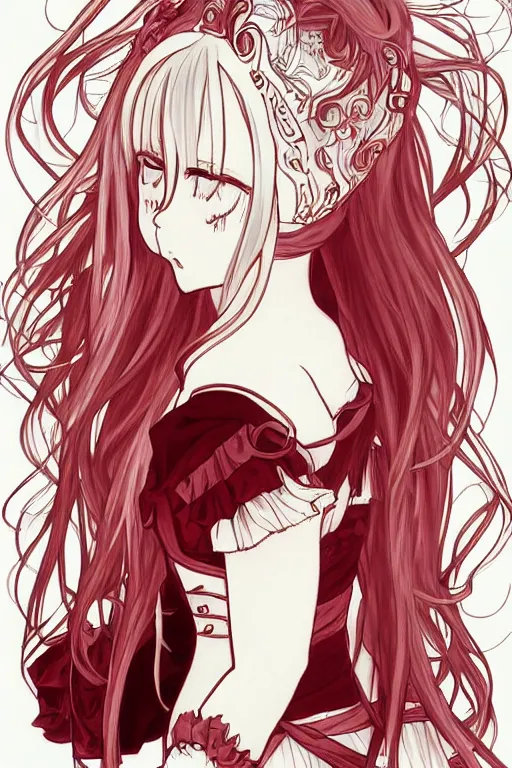 Image similar to Anime girl with chin length white hair, wearing red gothic lolita clothing, trending on Instagram, digital drawing, anime animation cell, colored manga panel, art by Alphonse Mucha