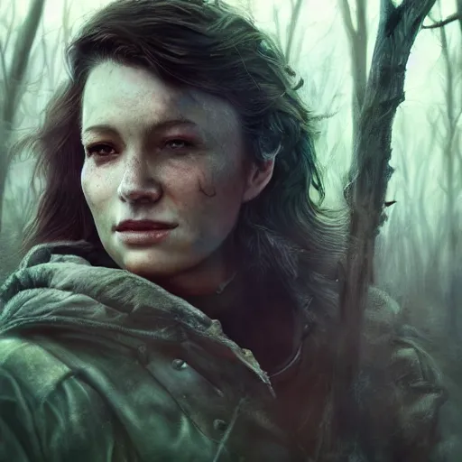 Image similar to fallout 5, charismatic beautiful rugged female scavenger, portrait, outdoors forest campsite, atmospheric lighting, painted, intricate, volumetric lighting, beautiful, daytime, springtime, slight overcast, sharp focus, deep colours, ultra detailed, by leesha hannigan, ross tran, thierry doizon, kai carpenter, ignacio fernandez rios