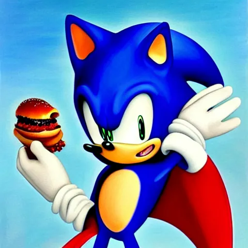 Prompt: Beautiful breathtaking painting of Sonic with a chilidog.