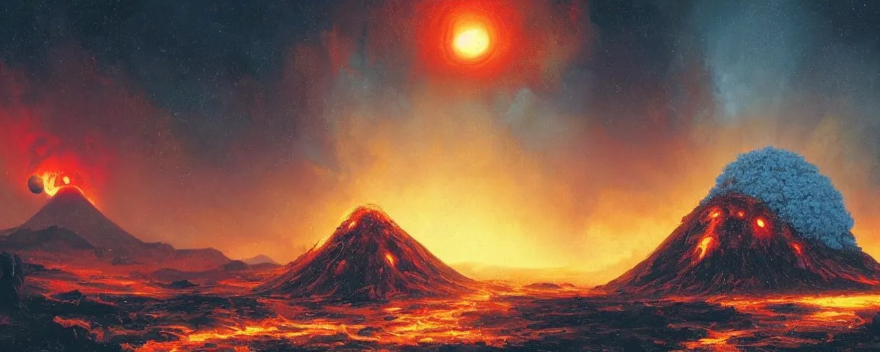 Image similar to ” outer planet with erupting volcanoes, [ art by paul lehr, cinematic, detailed, epic, widescreen, opening, establishing, mattepainting, photorealistic, realistic textures, octane render ] ”