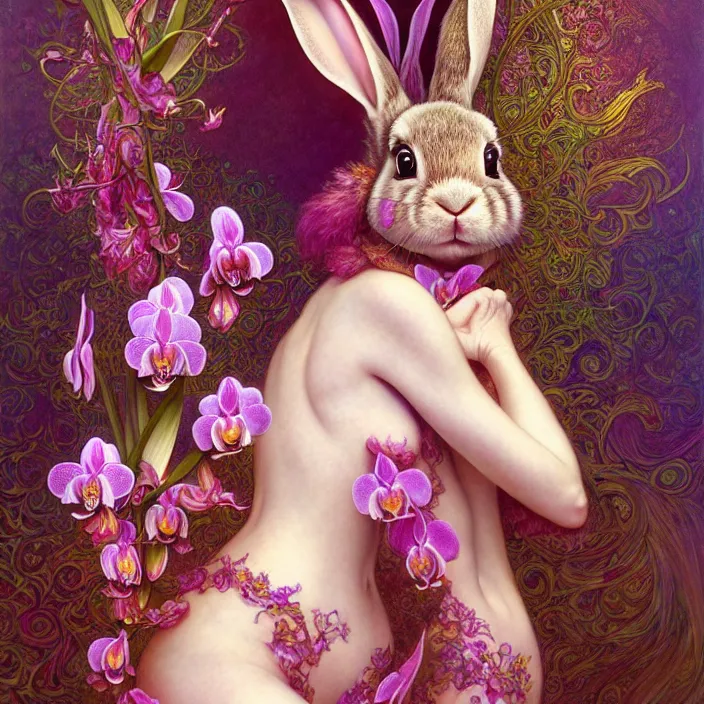 Image similar to psychedelic bunny made of orchid, diffuse lighting, fantasy, intricate, elegant, highly detailed, lifelike, photorealistic, digital painting, artstation, illustration, concept art, smooth, sharp focus, art by John Collier and Albert Aublet and Krenz Cushart and Artem Demura and Alphonse Mucha