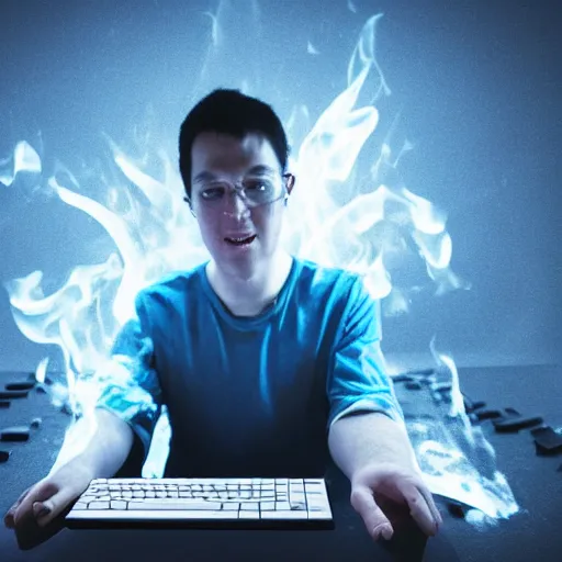 Image similar to a programmer with his keyboard on fire, award winning photography, cinematic