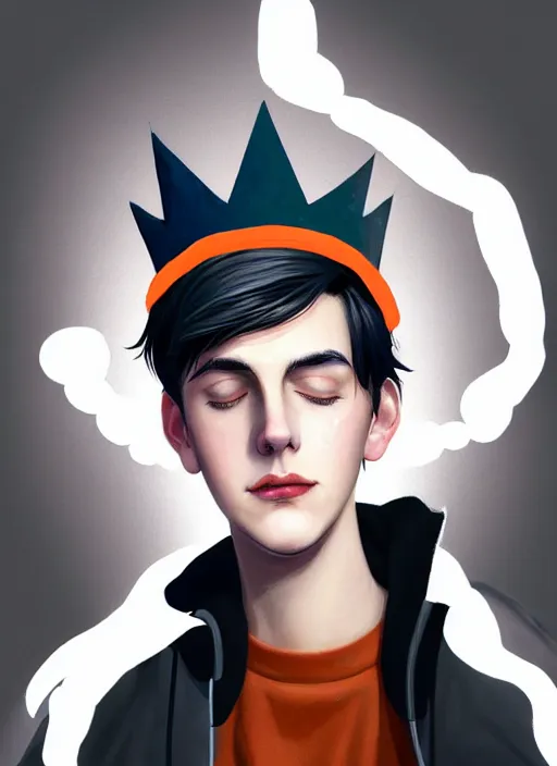 Image similar to portrait of teenage jughead jones wearing a light grey crown, crown, hamburger background, eyes closed, crown, black hair, orange, intricate, elegant, glowing lights, warm lighting, highly detailed, digital painting, artstation, concept art, smooth, sharp focus, illustration, art by wlop, mars ravelo and greg rutkowski