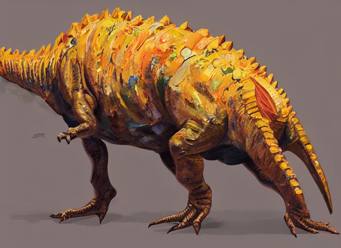 Image similar to concept design of dinosaurs made by pieces of types of candies, oil painting by jama jurabaev, extremely detailed, brush hard, artstation, for aaa game, high quality, brush stroke