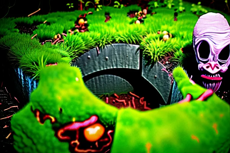 Image similar to a cursed image of a creature infested crevice, evil, staring at you, damnation, liminal, garden