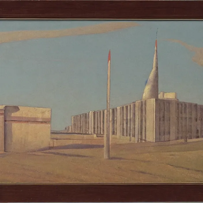 Image similar to a building in a serene landscape, soviet realism