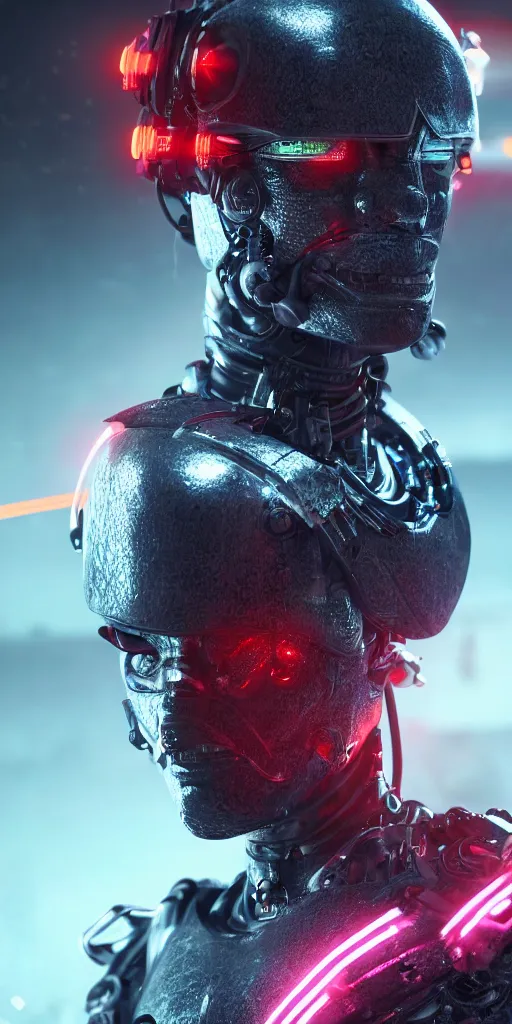 Image similar to ultra realistic and intricate detailed photograph of a cyborg samurai surrounding by neon lights, hyperrealistic, detailed, depth of field, High definition, 8k, depth of field, octane render, artstation