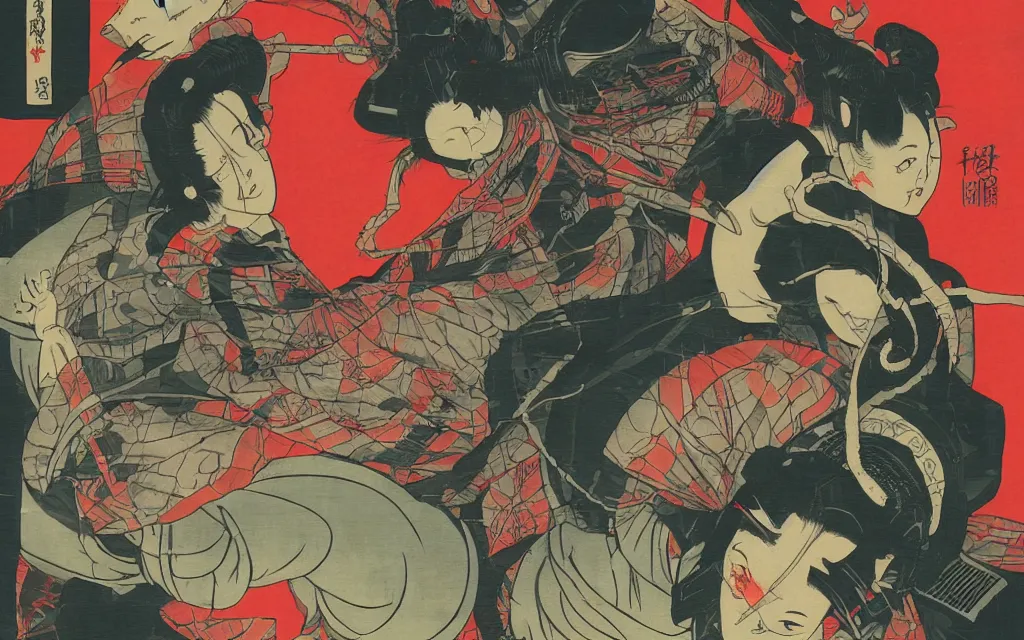Prompt: digital cyber punk horror ukiyo-e painting, artstation