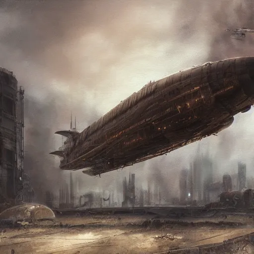 Prompt: a brutalist painting of a large steampunk airship on the ground destroyed, by charlie bowater, 4 k