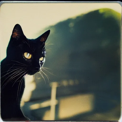 Image similar to black cat in a rollercoaster. the cat looks happy. sunny landscape. polaroid photo. tri color.