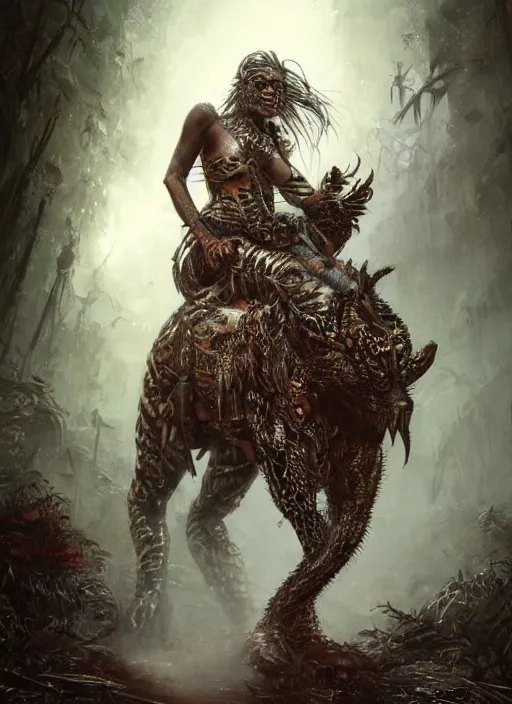 Image similar to a portrait of a very beautiful cute tribal woman riding a mutated jaguar in a post apocalyptic city overgrown with lush vegetation, by Luis Royo, by Greg Rutkowski, dark, gritty, intricate, backlit, strong rimlight, cover illustration, concept art, volumetric lighting, volumetric atmosphere, sharp focus, octane render, trending on artstation, 8k