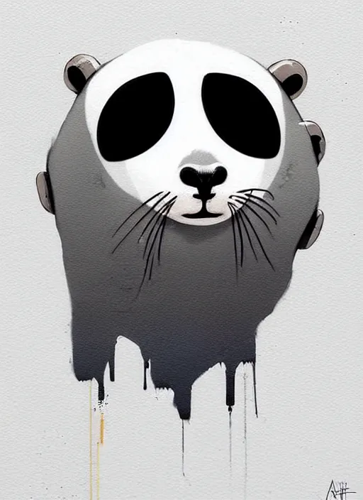 Image similar to graffiti tag mural of a cute white baby seal pup with an eyepatch by atey ghailan, by greg rutkowski, by greg tocchini, by james gilleard, by joe fenton, by kaethe butcher, by yoji shinkawa, gradient blue, black, brown and white color scheme muted tones, grunge aesthetic!!! white graffiti tag wall background