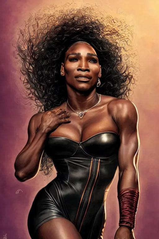 Prompt: Serena Williams as a heroine in black leather, intricate, elegant, highly detailed, centered, digital painting, artstation, concept art, smooth, sharp focus, illustration, art by artgerm and donato giancola and Joseph Christian Leyendecker, Ross Tran, WLOP
