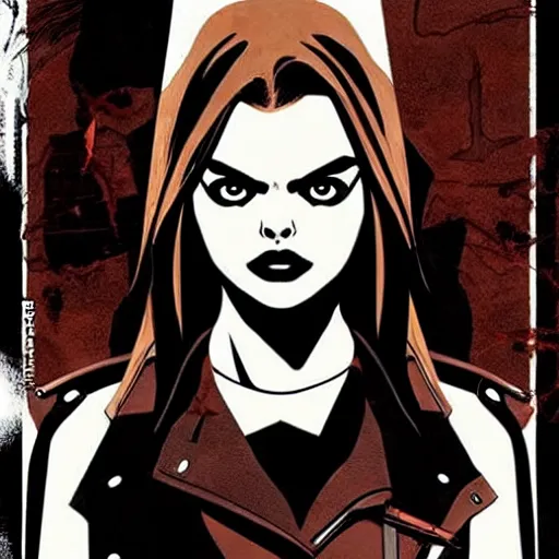 Prompt: in the style of Rafael Albuquerque comic cover art, Samara Weaving vampire, sharp teeth grin, sarcastic, brown leather jacket