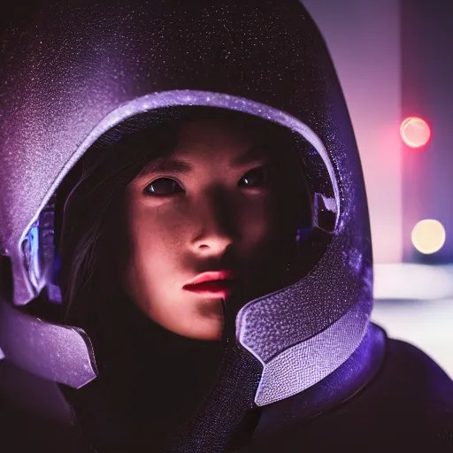 Image similar to photographic portrait of a techwear woman, closeup, on the rooftop of a futuristic city at night, sigma 85mm f/1.4, 4k, depth of field, high resolution, 4k, 8k, hd, full color