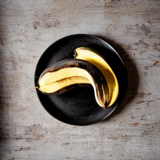 Image similar to photo of a delicious black banana on a plate on the table of a rustic farmhouse in cornwall