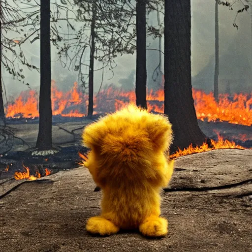 Image similar to a cute furry monster looking at a forest fire